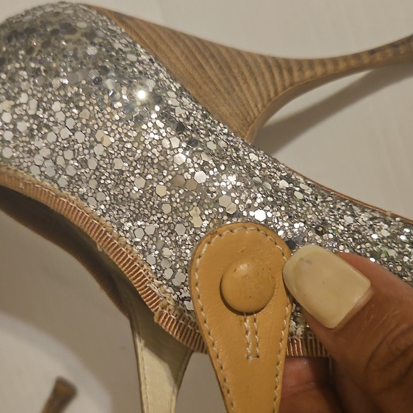 Miu Miu Silver Tan Glitter Mary Jane Open Toe Pumps Size 40 - Picture 7 of 12